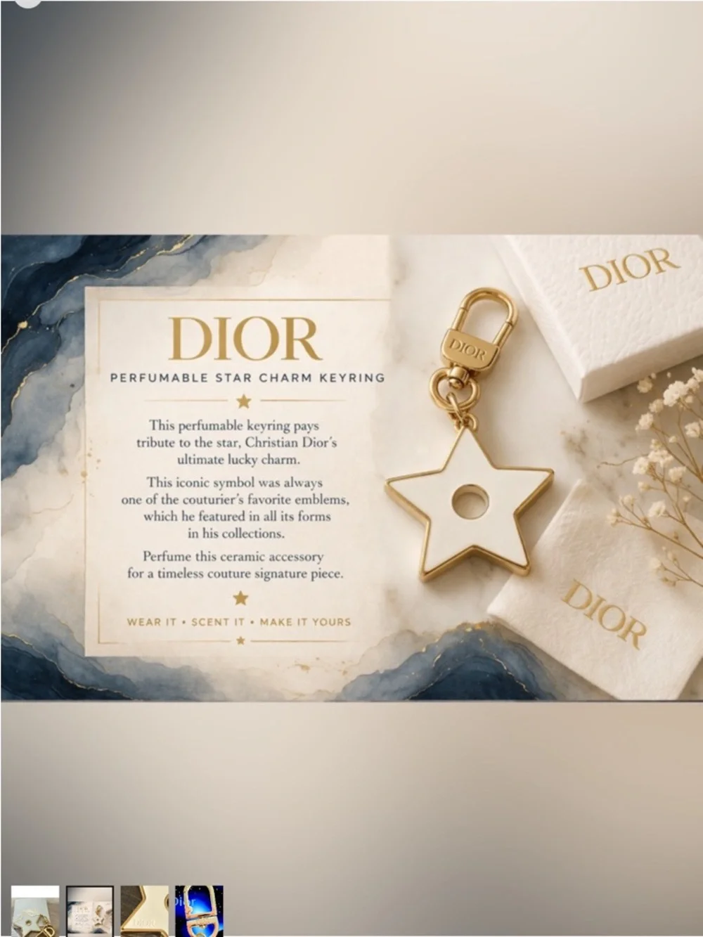 Dior White and Gold Star Perfumeable Keyring Charm